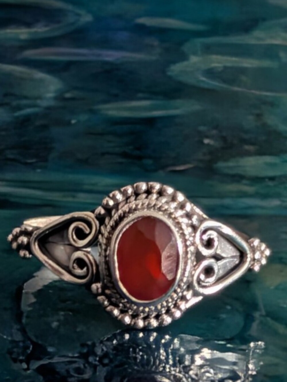 🆕 Intricate Solid Sterling Silver Red  Carnelian Ring Size 10